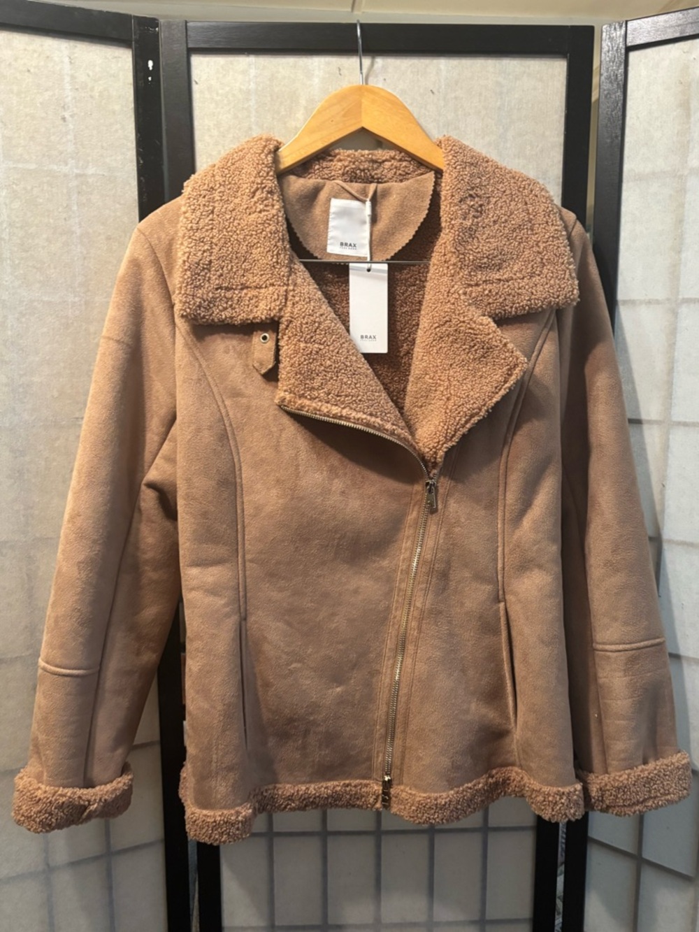 BRAX NWT Faux Suede Moto European Lined Asymmetrical Zip, Fleece Detail Jacket